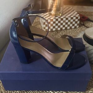 Stuart Weitzman Navy Patent Ankle-Strap Block Heels